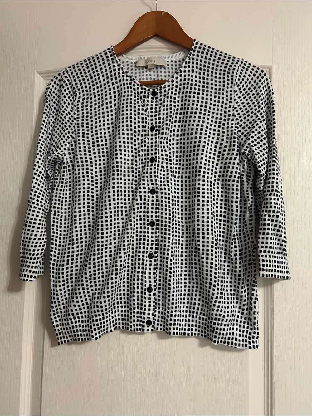LOFT White Button-Down Sweater with Black Square Print